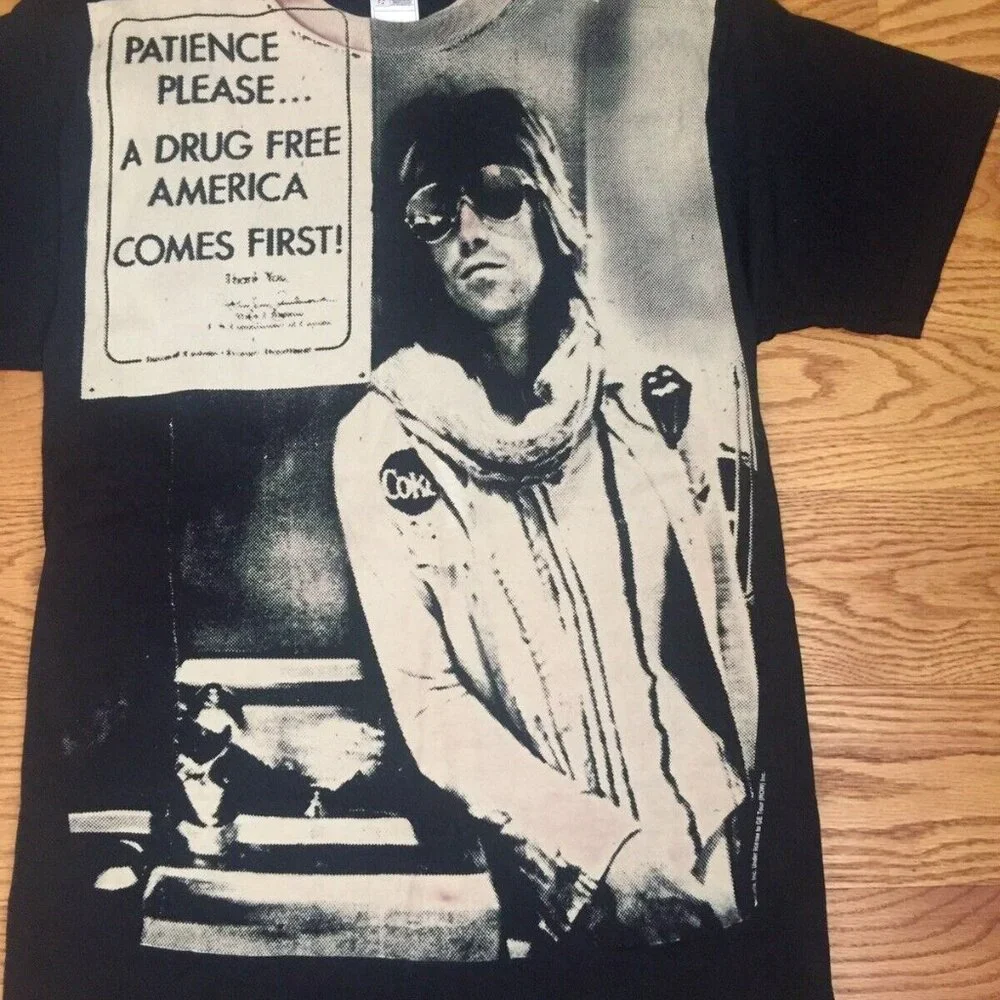 VINTAGE KEITH RICHARDS 70s ROLLING STONES TOUR PHOTO DRUG FREE AMERICA T SHIRT L